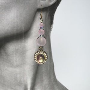 Hand Crafted Long Dangle Pink Glass Frosted Bead Earrings Drop Mirror pendant